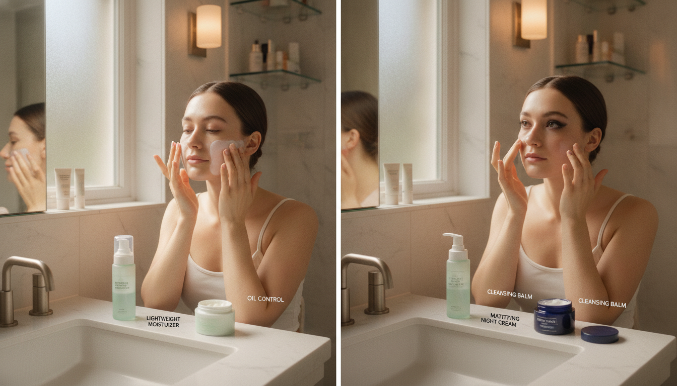 découvrez une routine matin et soir spécialement conçue pour les peaux grasses, pour équilibrer, purifier et matifier votre teint au quotidien.